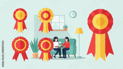 Flat illustration of award ribbons and women sharing drinks