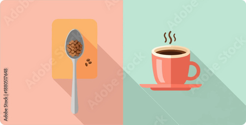 Flat illustration of coffee beans on spoon and a cup of coffee