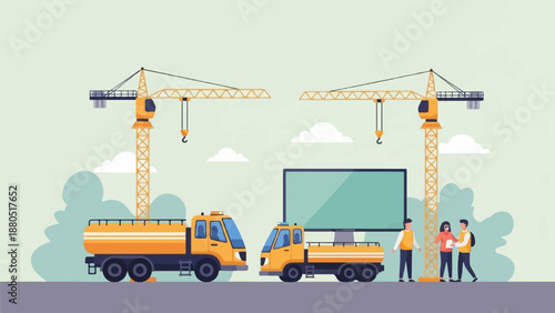 Flat illustration of construction site with cranes, trucks, and people