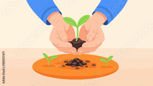 Hands planting a small seedling in soil