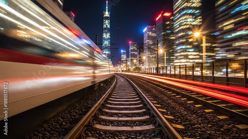 Fast train journey through city at night with light streaks and modern buildings
