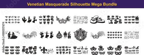 Venetian Masquerade Silhouette Vector Set with Elegant Masks and Ornate Patterns Illustration