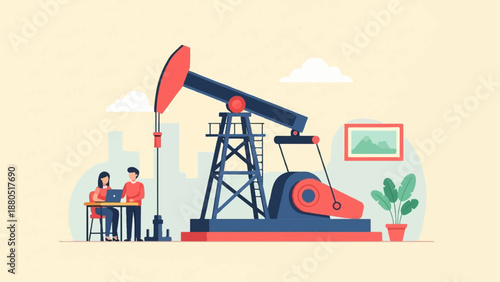 Flat illustration of oil rig, people working, plant, and artwork on wall
