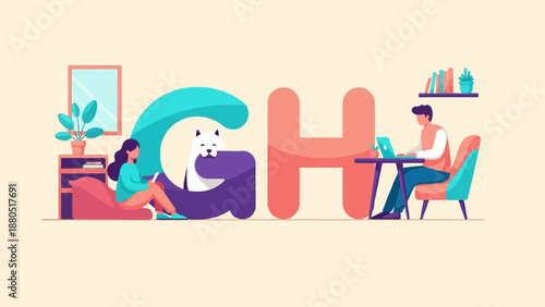 Flat illustration of people and a pet in a stylized room