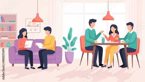 Flat illustration of people collaborating and socializing in a bright, modern interior