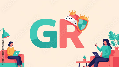 Large letters GR with crowns and shield, people working on laptops at home