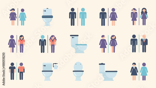 Minimalist icons of men and women figures beside bathroom toilets