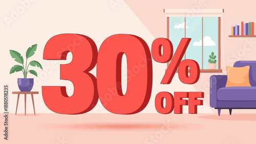 Large red 30% off text in a living room with a sofa, window, and plant