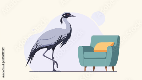 Minimalist illustration of a crane bird standing next to a teal armchair
