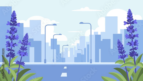 Lavender flowers frame a city skyline with streetlights and a road
