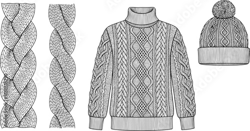 Cable knit fashion illustration set, sweater and beanie with braided patterns, textile design sketch, black and white knitting reference