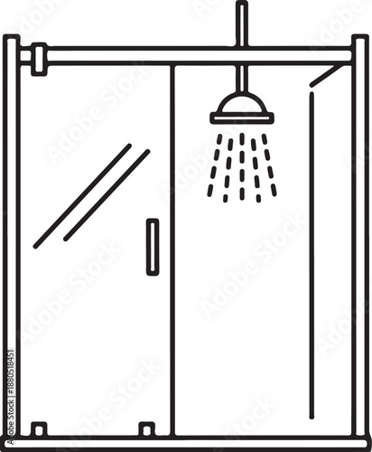 Shower cabin with running water and door handle, simple line art icon isolated on white background.