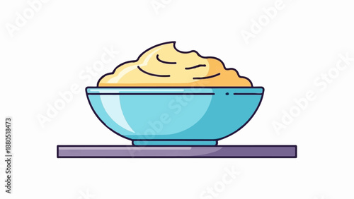 Light blue bowl filled with creamy yellow substance on a purple shelf