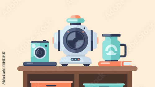 Minimalist illustration of electronic devices and a mug on a shelf