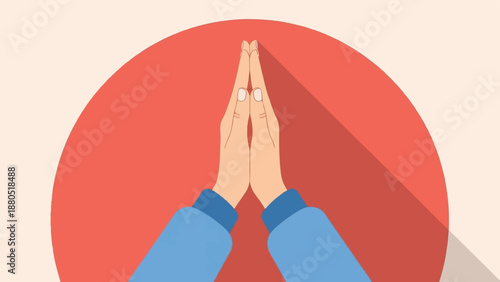 Minimalist illustration of hands in prayer position with blue sleeves against a red circle