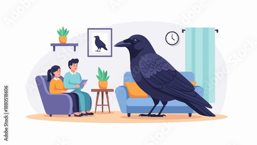 Giant crow looms over couple in minimalist living room with houseplants