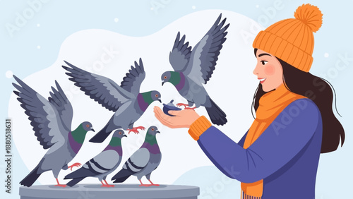 Girl in orange hat and scarf feeds pigeons in winter