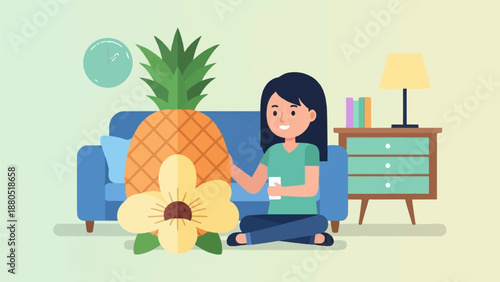 Girl with pineapple, flower, and sofa in a room setting