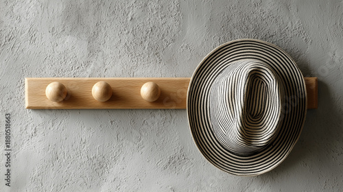 Striped Hat Hanging on Wooden Wall Hook Rack