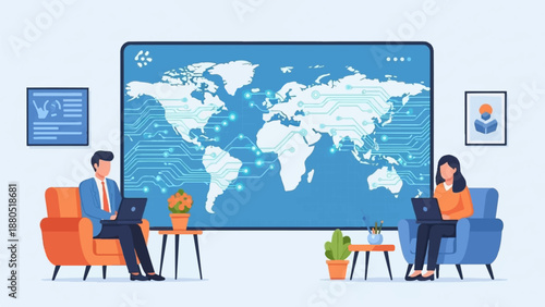 Global connectivity through technology, people working on laptops with a digital world map