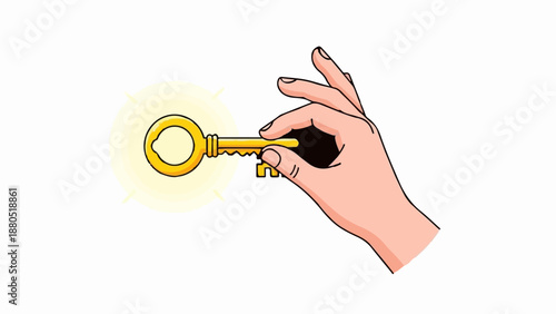 Hand holding glowing golden key against white background