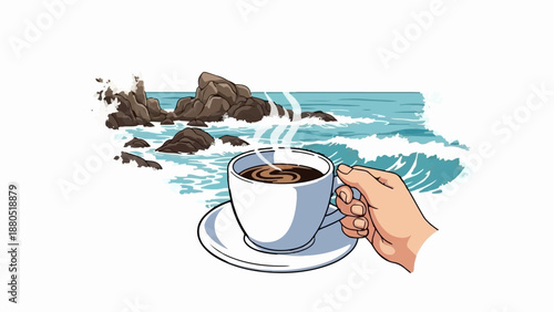 Hand holding steaming coffee cup with ocean waves crashing on rocks