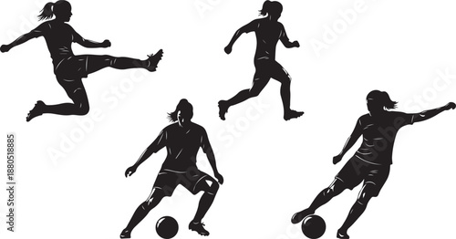 Soccer Players in Action Silhouettes Performing Kicks and Jumps Isolated on White Background