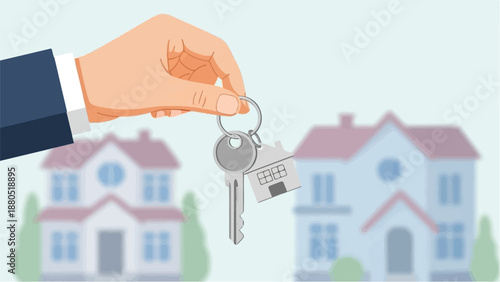 Hand holding keys with a house charm in front of two houses