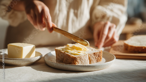 Spreading Butter on Fresh Bread in Cozy Morning Light