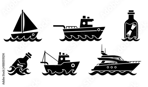 Sea Vacation and Water Activity Silhouette Icons with Windsurfing and Dolphin