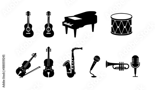 Musical Instruments Solid Icons Set with Guitar Piano and Drum Vector Illustration