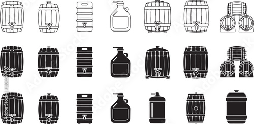 Various Barrels and Growlers Icons, Illustration, Vector Isolated on White Background