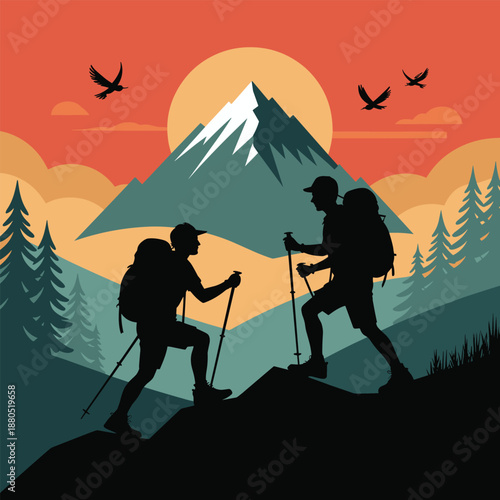 Mountain Hiking Illustration with Sunset and Adventurous Trekkers