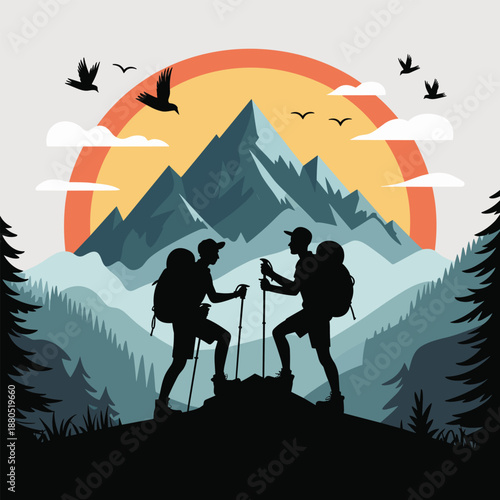 Hiking Adventure Illustration with Mountain Sunset and Silhouetted Trekkers