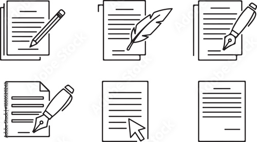 Writing and Documentation Icons: Pen, Pencil, Feather, Cursor on Documents Isolated on white background