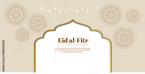 Eid al-Fitr Mubarak celebration with lanterns, crescent moon, and mosque silhouette

