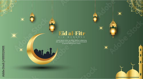 Eid al-Fitr Mubarak celebration with lanterns, crescent moon, and mosque silhouette
