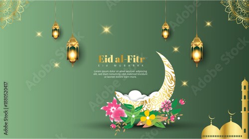 Eid al-Fitr Mubarak celebration with lanterns, crescent moon, and mosque silhouette
