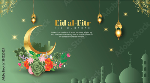 Eid al-Fitr Mubarak celebration with lanterns, crescent moon, and mosque silhouette
