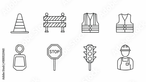 Construction safety equipment and traffic control icons.