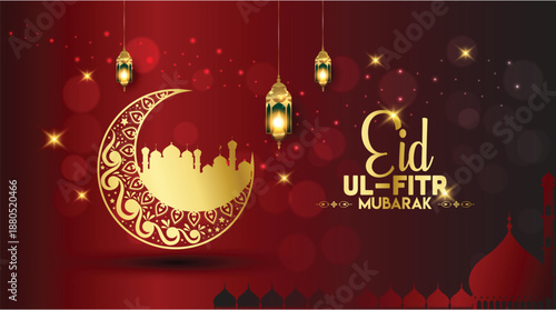 Eid al-Fitr Mubarak celebration with lanterns, crescent moon, and mosque silhouette

