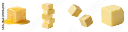 Set of fresh butter cubes including melted butter, stack, and flying pieces for cooking and baking PNG, transparent background