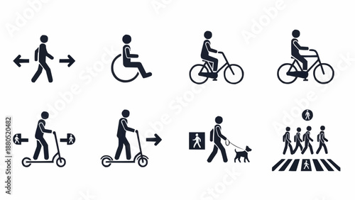 Set of pedestrian and transportation icons for public spaces.