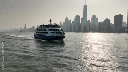 Ferry approaching city skyline along waterway under cloudy sky