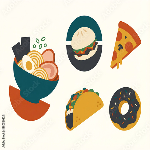 Assorted international dishes including ramen, burger, pizza, taco, and donut displayed together in a graphic illustration