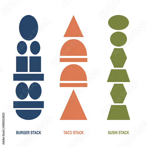 Assorted international fast food stacks including burger, taco, and sushi arrangements displayed in a minimalist graphic style