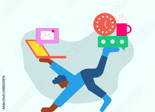 Man doing yoga and multitasking with laptop, chat, clock, and coffee illustration
