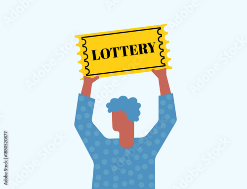 Man holding up high and showing lottery illustration