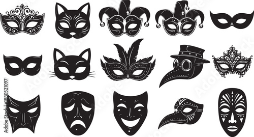 Elegant Black and White Masquerade Mask Set Vector Illustration