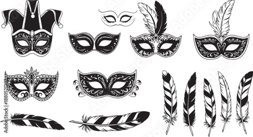 Elegant Black and White Masquerade Masks and Feathers Vector Illustration Set